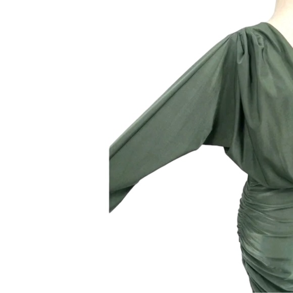 SOLD! Olive Green Surplice Batwing Midi Ruched Long Sleeve Dress Size Medium/8 - Picture 8 of 10
